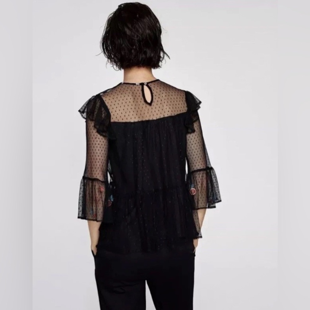 Zara Black Sheer Blouse with Floral Embroidery - Picture 5 of 12